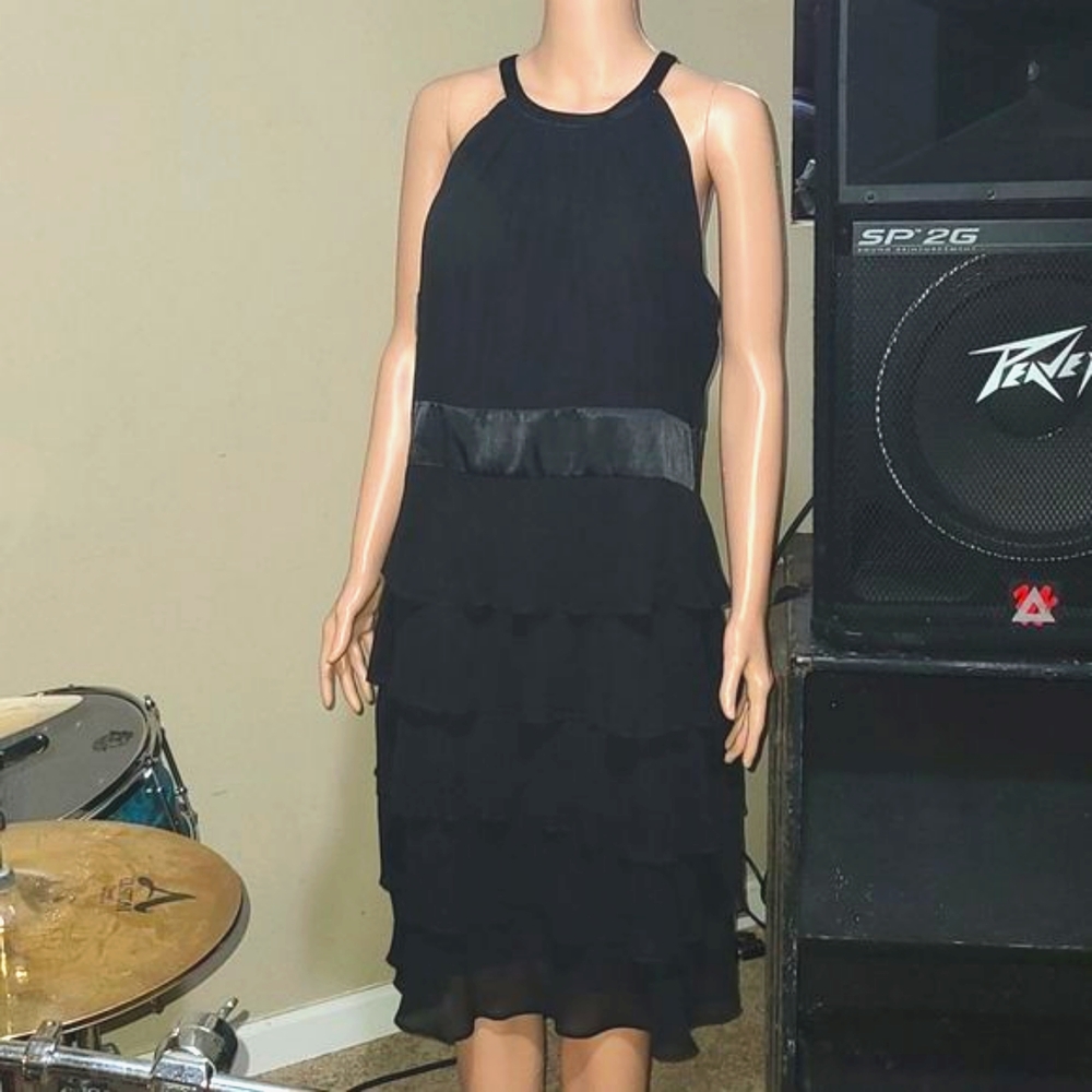 Jones Wear Dress Black Tiered Satin Halter Dress Gem